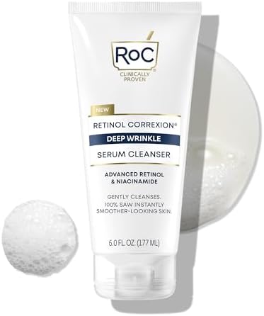 RoC Retinol Correxion Deep Wrinkle Serum Facial Cleanser with Niacinamide for Anti-Aging and Fine Lines, Long-Wear Makeup Remover, Fragrance Free Skin Care, Opthalmologist Tested, 6 Ounces RoC