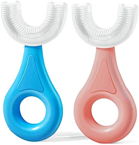 YOTEE U-Shaped Toothbrush Kids 2 PCS - Toddler Toothbrush with Food Grade Soft Silicone Brush Head, Manual Whole Mouth Toothbrush for Kids Age 2-6(Blue+Pink), 360° Oral Teeth Cleaning Design YOTEE