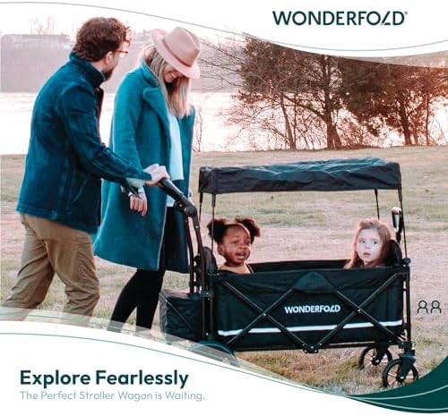 WONDERFOLD X2M Push & Pull Stroller Wagon (2 Seater) - Collapsible Wagon Stroller with Five-Point Seatbelt Harnesses, Push & Pull Handles, & Removable Sun Canopy, Woodland Green WONDERFOLD