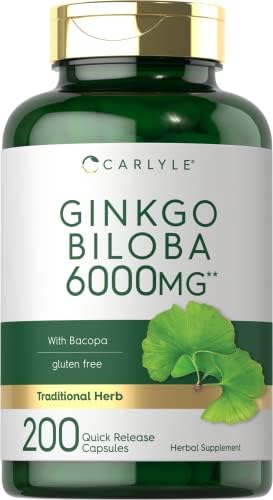 Carlyle Ginkgo Biloba Pills | 6000mg | 200 Capsules (Капсулы) | Maximum Strength | Non-GMO, Gluten Free Supplement Carlyle