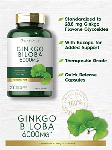 Carlyle Ginkgo Biloba Pills | 6000mg | 200 Capsules | Maximum Strength | Non-GMO, Gluten Free Supplement Carlyle