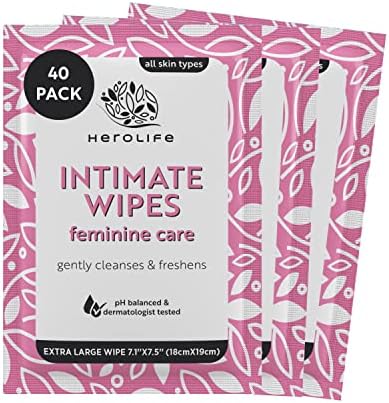 Personal Wipes for Feminine Care, Single Use To Go, Plant-Based, 1 pack of 40 Single-Use Cleansing Wipes, Large size 7.1” x 7.5” Biodegradable wipes formulated with Plant-derived ingredients. Herolife