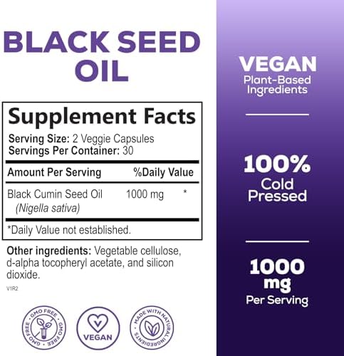 Black Seed Oil Capsules (Капсулы) 1000mg - Nigella Sativa for Joint, Hair, Skin & Immune Support, Best Extraction Above Cold Pressed Blackseed Oil, Pure Black Cumin Seed Oil Vegan, Non-GMO - 60 Softgels (Мягкие капсулы) Nature's Strength