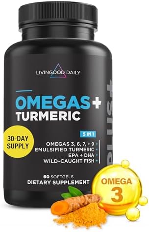 Livingood Daily Omega 3 6 9 Plus Turmeric Curcumin - Omega 3 Supplement (EPA & DHA) - Supports Heart Health - Joint Supplements - 60 Softgels Livingood Daily