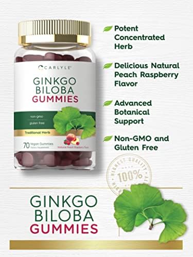 Carlyle Ginkgo Biloba 300mg | 70 Gummies | 45:1 Leaf Extract | with Peach Raspberry Flavor | Vegan, Non-GMO, Gluten Free Supplement Carlyle