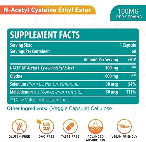 N-Acetyl Cysteine Ethyl Ester 100mg - More Absorption Than 1000mg NAC - with Glycine 600mg - Benefit Glutathione - Good for Immune System & Antioxidant for Adults, NACET ( 60 Capsules (Капсулы) - 1 Pack) Lipmaxmall