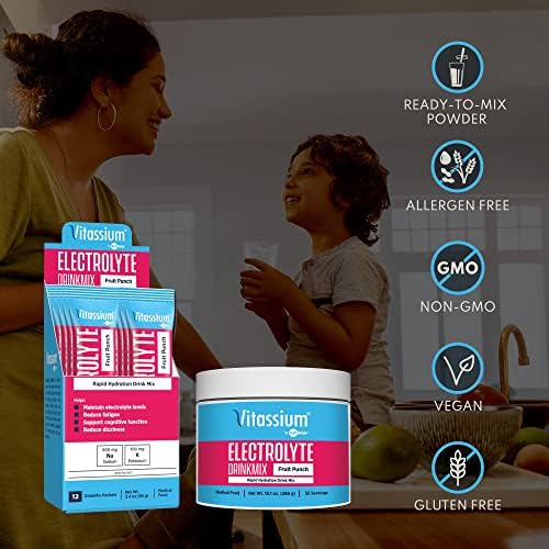 Vitassium DrinkMix - Ready-to-Mix Electrolyte Powder (Порошок) for POTS Syndrome Support (500mg Sodium & 100mg Potassium) - Vegan, Gluten & Allergen Free - Fruit Punch - 12 Single Serve Packets (Одноразовые пакетики) Vitassium