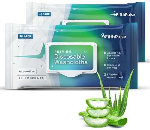 Disposable Body Wipes For Adults (2 x 40 Packs) - Premoistened Body Wipes For Adult Bathing Infused With Aloe and Lanolin - Alcohol-Free Adult Wipes For The Elderly Extra Large - 8" x 12" Washcloths FifthPulse