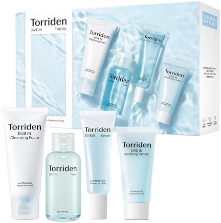 Torriden DIVE-IN Trial Kit, Hyaluronic Acid Infused Daily Skincare Kit - 4 Step Regimen with Foam Cleanser, Facial Toner, Serum, and Cream | Vegan, Hypoallergenic Korean Skin Care Torriden