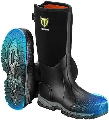 TIDEWE Work Boots Puncture-Proof with Steel Toe & Shank, Waterproof Anti Slip Rubber Boots for men, 6mm Neoprene Outdoor Boots, Durable Hunting Boots for Manufacturing, Construction, Farming(Black,Size 7-13) TIDEWE