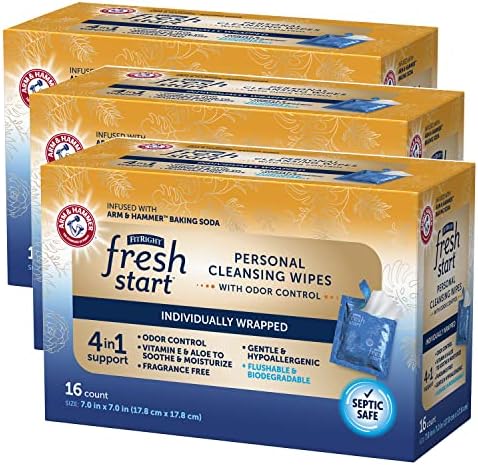 FitRight Fresh Start On-The-Go Flushable Wipes (48 Count), Personal Cleansing Wipes, Individually Wrapped Sachets for Urinary Incontinence with The Odor-Control Power of ARM & Hammer Baking Soda Fresh Start