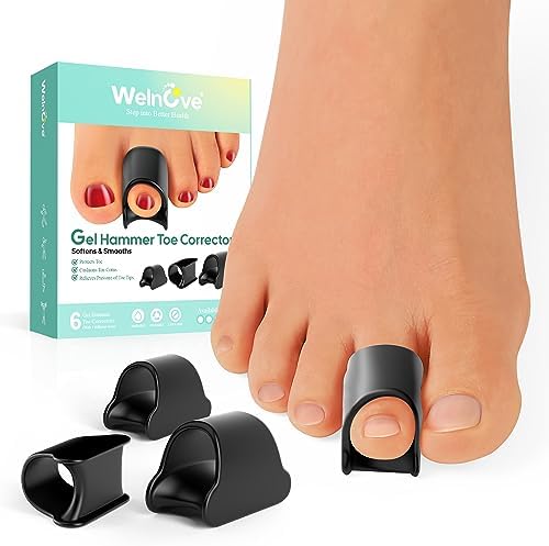 Welnove Hammertoe Corrector - 6 Pack Toe Splints - Soft Gel (Гель) Toe Straighteners - Realign Bent, Curled, Crooked, Claw, Hammer Toes - Toe Corrector for Men and Women, 3 Different Sizes (Black) Welnove