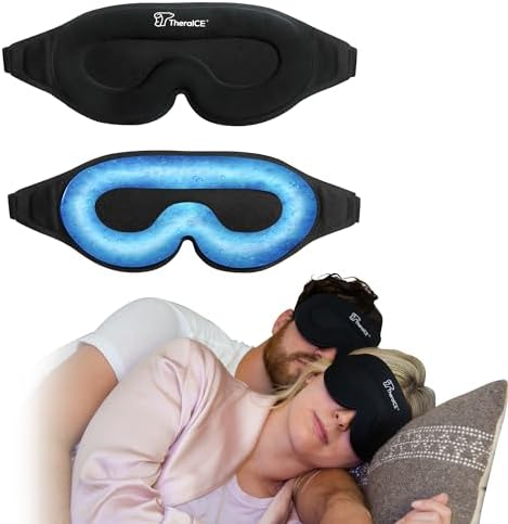 TheraICE Sleep Mask + Cooling Gel Relief - Sleep Eye Mask Blackout Blindfold Cold - 3D Contoured Relaxing No Pressure Eye Cover to Block Light for Comfortable Soothing Night Sleeping/Men & Women TheraICE