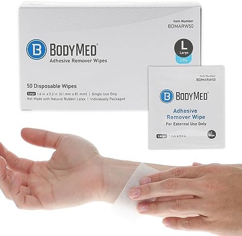 BodyMed Adhesive Remover Wipes - Skin Cleaning Wipes for Removing On-Skin Adhesives, Skin Barriers, Tape, and Hydrocolloid Dressings - 1.6 x 3.2 Inch Wipes - 50 Wipes Per Box BodyMed