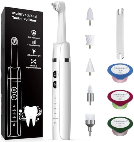 Tooth Polisher,Teeth Polishing Kit for Daily Cleaning,Polishing Then Whitening of Tooth (Professional Toothpaste Include),USB Rechargeable Dental Polisher with LED Light,6 Heads,5 Speed Modes BEIERMU