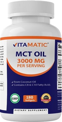 Vitamatic MCT Oil 3000 mg per Serving (Порция) - 180 Softgels (Мягкие капсулы) - from Coconut Oil - Contains 55% caprylic Acid C8 and 40% capric Acid C10 Vitamatic