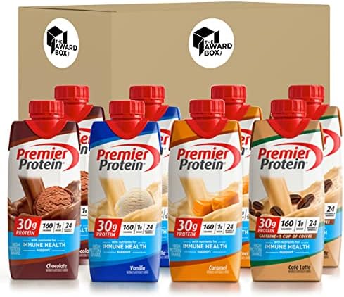 Premier Protien High Protein Shakes Variety Pack Sampler, 11 Fl. Oz Each - Cafe Latte, Chocolate, Vanilla, Caramel, Cake Batter, Chocolate Peanut Butter, Cinnamon, Banana, Strawberry, Cookies and Cream - 2 of Each Flavor (20 Pack) in The Award Box Packaging (10 Flavors) The Award Box