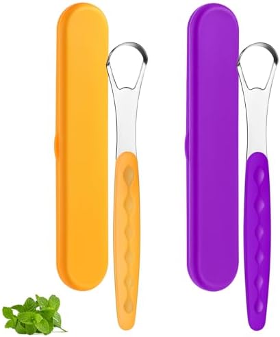 Yinkin 2 Pcs Tongue Scraper for Adults and Kids Cleaner Stainless Steel Tongue Scraper Metal Tongue Brushes Set with Travel Cases for Breath Reduce Bad Breath for Oral Mouth(Purple, Black) Yinkin