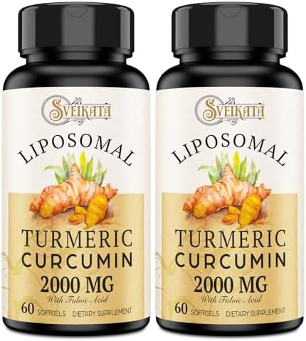 Liposomal Turmeric Curcumin Supplement 2000mg, 95% Standardized Curcuminoid Extract & Organic Root Powder (Порошок) with Piperine Black Pepper Fruit (15mg), 60 softgels, Non-GMO Sveikata