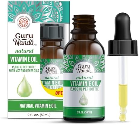 GuruNanda Vitamin E Oil (2 Fl Oz) - 100% Pure & Natural, 15,000 IU per Bottle for Skin, Hair, Face, Nails & Scars - With Coconut Oil to Help Nourish & Moisture - Non-GMO, Vegan & No Soybean GuruNanda