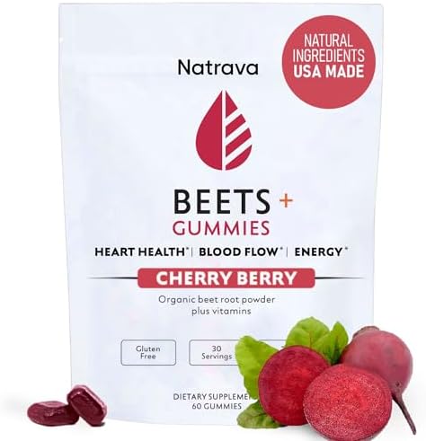 Beets+ Gummies (Жевательные конфеты) - Organic Beet Root Powder (Порошок), Grape Seed Extract and Vitamin C - Supports Healthy Blood Pressure and Heart Health - Low Sugar Nitric Oxide and Circulation Supplement - 60 Gummies Natrava