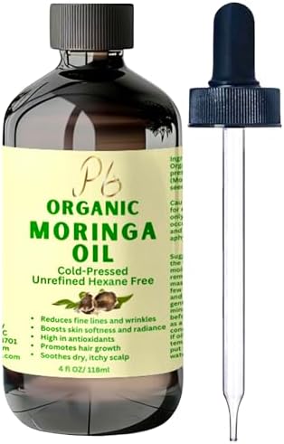 Premium Organic Cold-Pressed Moringa Oil, Unrefined & Nutrient-Rich for Skin, Hair & Body, Anti-Aging, Lightweight Face Oil, Natural Moisturizer 4 fl oz in Amber Glass Bottle Pomberries