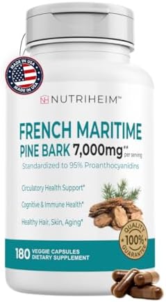 French Maritime Pine Bark Extract 7000mg with 95% Proanthocyanidins for Circulation, Heart Health, Skin, Cognitive Support - 20:1 Ratio & 180 Veggie Capsules (Капсулы на растительной основе) - Non-GMO, Gluten-Free, Vegan-Friendly Nutriheim