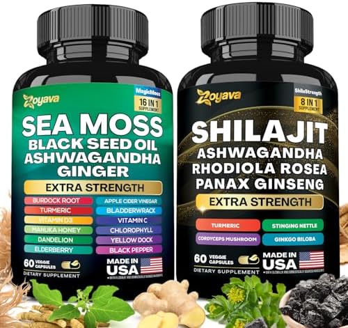 Zoyava Dynamic Vitality Bundle - Sea Moss 7000mg, Black Seed Oil 4000mg, Ashwagandha 2000mg, Ginger & Shilajit 9000mg, Rhodiola Rosea 1000mg, Panax Ginseng 1500mg, All in 1 Supplements (60 Count) Zoyava