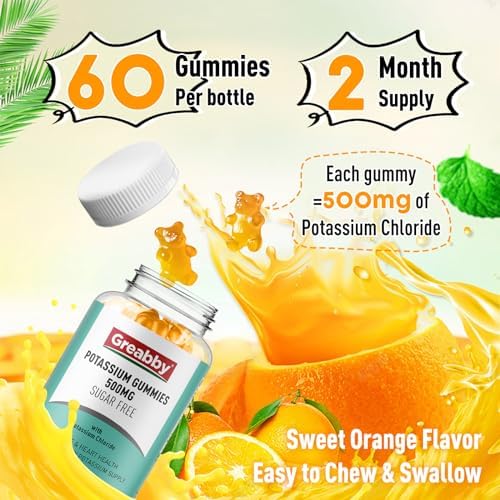 Potassium Gummies (Жевательные конфеты) 500mg for Adults, 60 Servings (Порции), Sugar-Free Potassium Chloride Gummies, Heart Health & Muscle Relief for Women Men, Electrolyte Balance Boost, Efficient Potassium Supply GREABBY