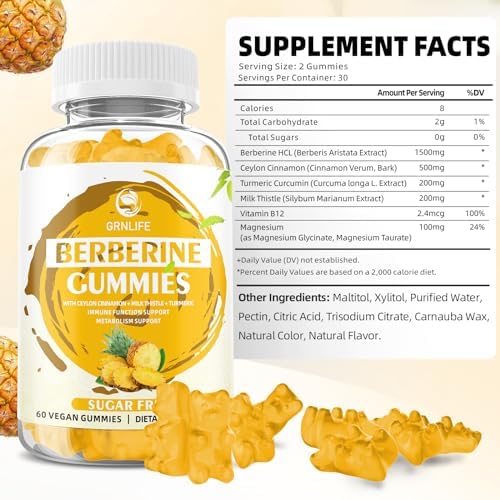 Berberine Gummies (Жевательные конфеты) with Ceylon Cinnamon 1500mg High Potency Berberine HCL Supplement for Immune and Metabolism Support, Sugar Free Organic Berberine Gummies Pineapple Flavor - 60 Count GrnLife