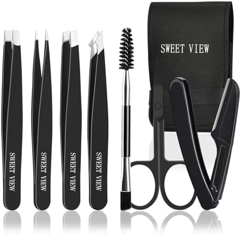 7pcs Eyebrow Tweezers Set for Women Precision Plucker with Brow Scissors & Razor & Spoolie for Facial, Chin,Brow, Splinter and Ingrown Hair SWEET VIEW