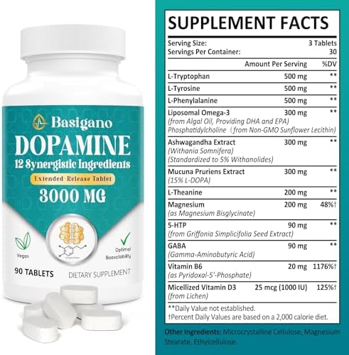 Natural Dopamine Supplement for Energy, Focus, Motivation, Mental Alertness, Mood, and Stress - Non-GMO, Gluten-Free - 90 Tablets (Таблетки) Basigano