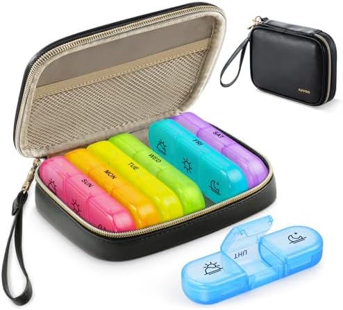 AUVON Weekly Pill Organizer 3 Times a Day, Large Pill Box 7 Day with A PU Leather Bag, Protabel Travel Pill Case Medication Reminder, Daily Pill Box 3 Times a Day for Vitamins, Fish Oils, Supplements AUVON