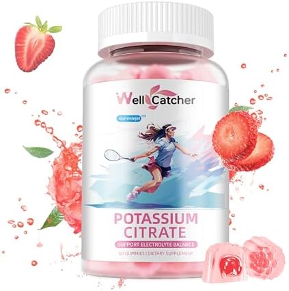 Potassium Citrate Gummies (Жевательные конфеты) for Adults Men Women - High Potassium Supplement Gummies 500 MG Sugar Free Support Electrolyte Balance Leg Cramps Vegan Non-GMO Organic Strawberry Flavor 60 Counts Wellcatcher