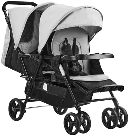 VEVOR Double Stroller, Foldable Lightweight Twin Stroller with Tandem Seating, Adjustable Backrest/Footrest, Wrap-Around Safety Harness,Storage Basket & Tray,for Newborn & Toddler (Light Gray,Black) VEVOR