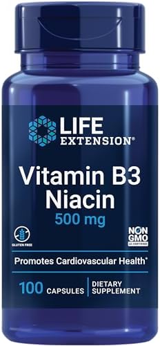 Life Extension Vitamin B3 Niacin 500 mg – Niacin (Vitamin B3), Supports Heart Health, Promotes cellular energy production – Gluten-Free, Non-GMO – 100 Capsules (Капсулы) Life Extension