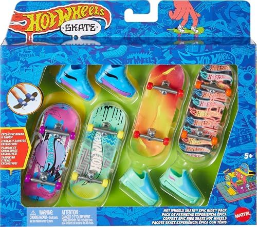 Hot Wheels Skate Tony Hawk Fingerboard & Removable Skate Shoes Multipack, 4 Fully Assembled Boards, 2 Pairs of Skate Shoes, 1 Exclusive Set (Styles May Vary) Hot Wheels