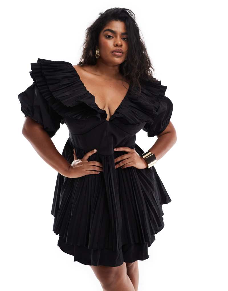 Женское Платье ASOS Luxe Curve хлопковое поплин мини платье с плиссировкой черное ASOS Luxe