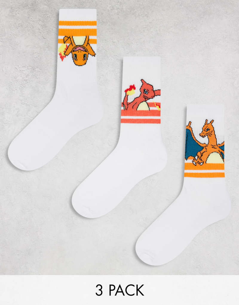 Мужские Носки ASOS DESIGN 3-pack Sunset Pokémon в белом цвете с спортивными полосками ASOS DESIGN