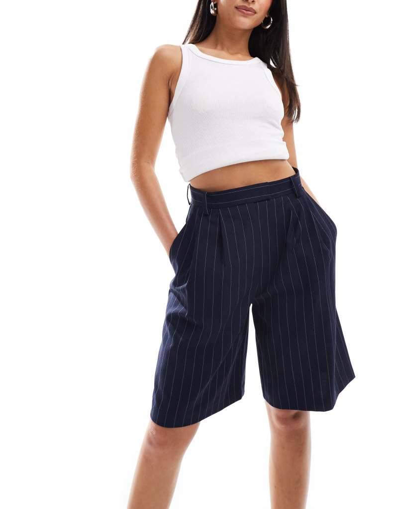 ASOS DESIGN high waist longline tailored shorts in navy pinstripe ASOS DESIGN