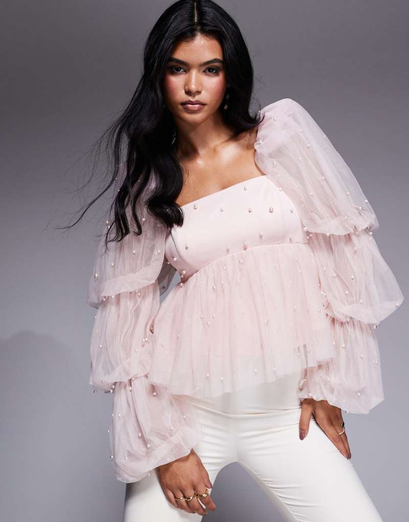 ASOS LUXE tulle babydoll top with pearl embellishment in pink ASOS Luxe