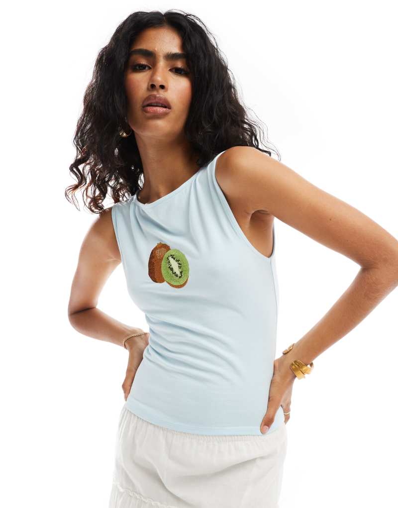 ASOS DESIGN slash neck top with kiwi embroidery in baby blue ASOS DESIGN