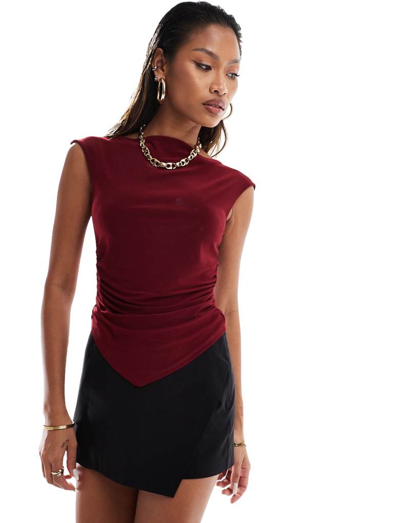 ASOS DESIGN slinky twisted off the shoulder asymmetric top in burgundy ASOS DESIGN