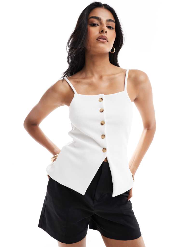 ASOS DESIGN rib button through top with 90s boat neck in white ASOS DESIGN