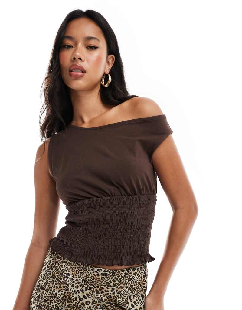 ASOS DESIGN one shoulder shirred top in brown ASOS DESIGN