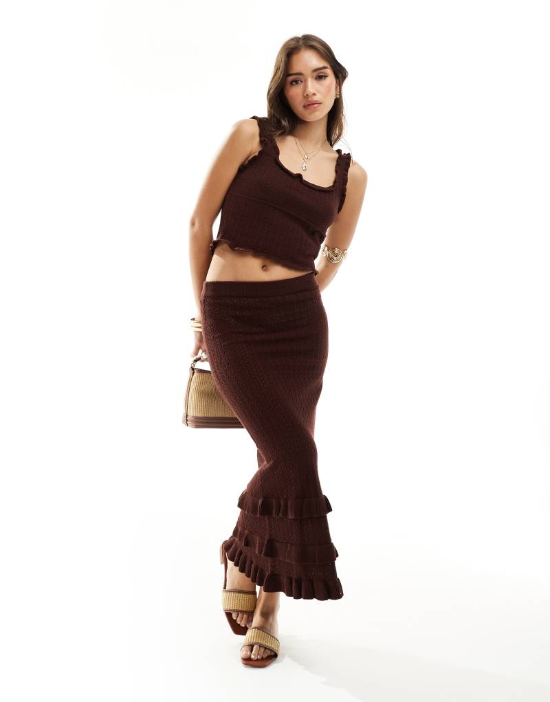 Miss Selfridge crochet maxi skirt with frill detail in chocolate - part of a set Miss Selfridge