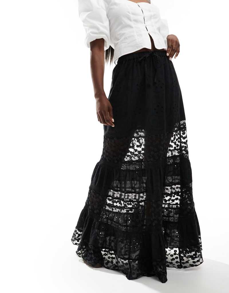 Miss Selfridge broderie lace insert tiered prairie maxi skirt in black Miss Selfridge