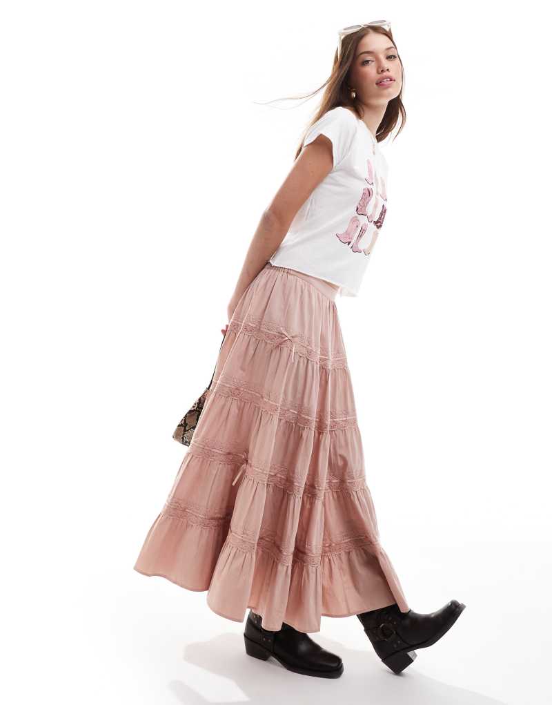 Miss Selfridge tiered ribbon trim insert prairie maxi skirt in pink Miss Selfridge