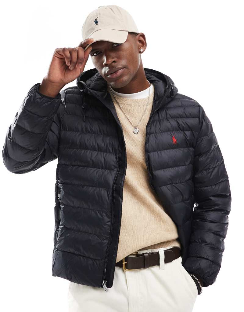 Polo Ralph Lauren Terra Chevron icon logo lightweight hooded puffer jacket in black Polo Ralph Lauren