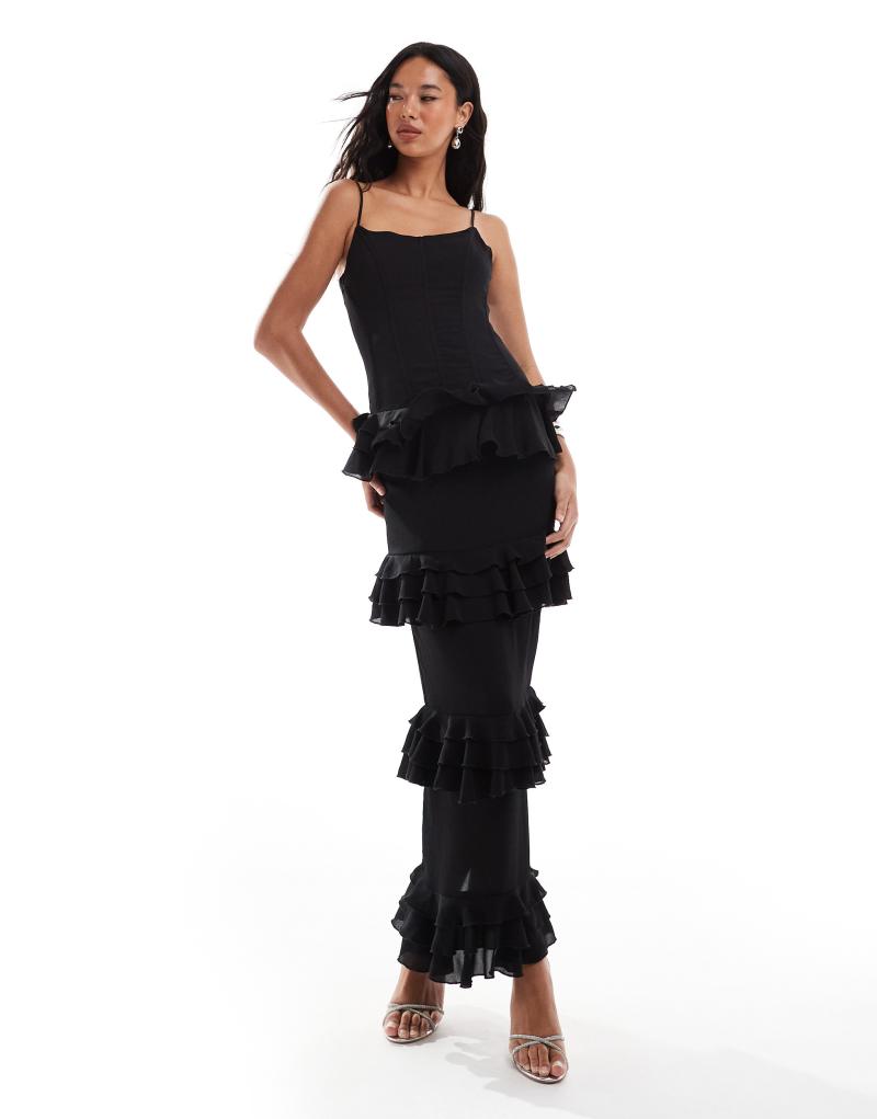 Rare London corset cami maxi dress with chiffon tiered skirt in black Rare